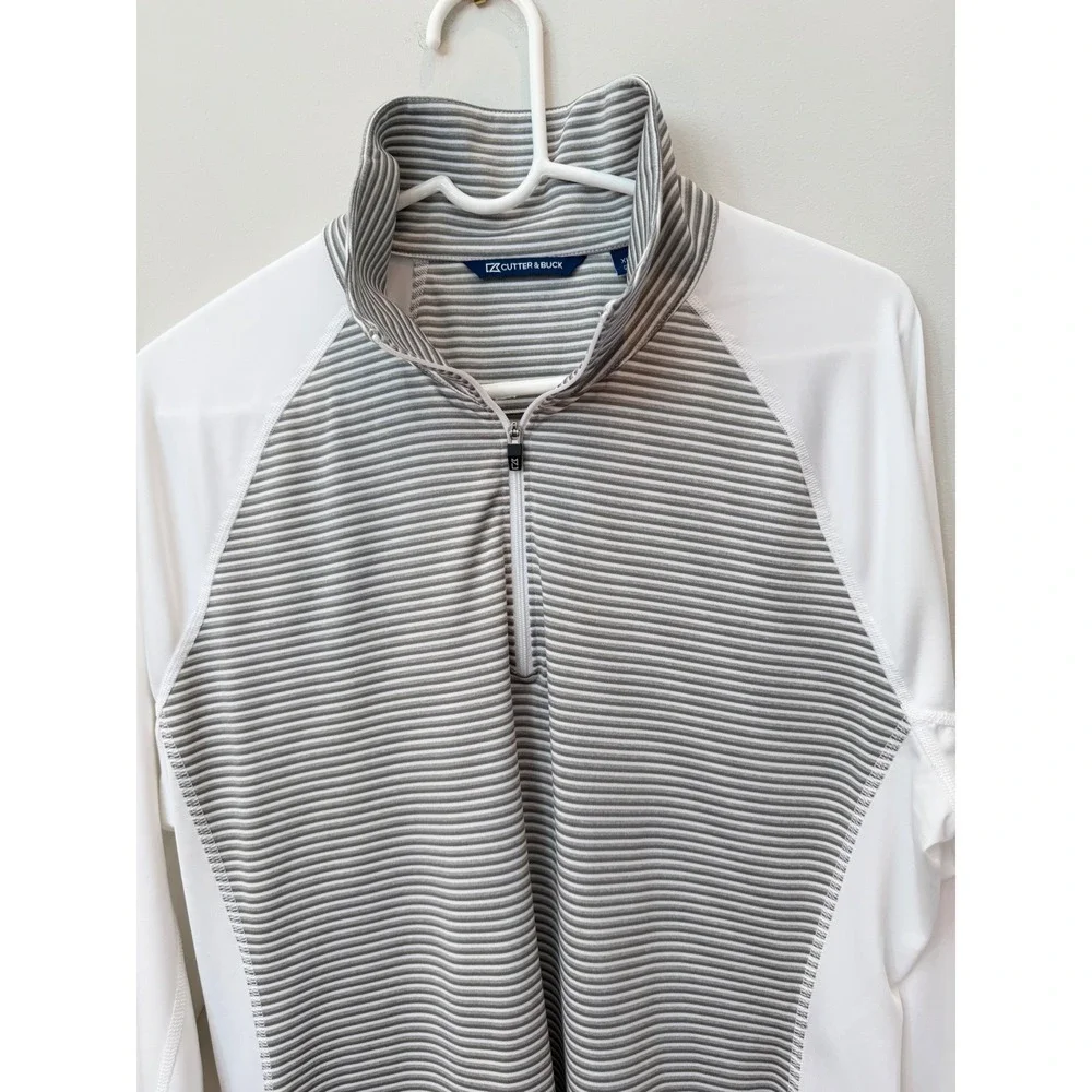Cutter & Buck Mens XL Quarter Zip Pullover White Grey Striped Golf Active Top